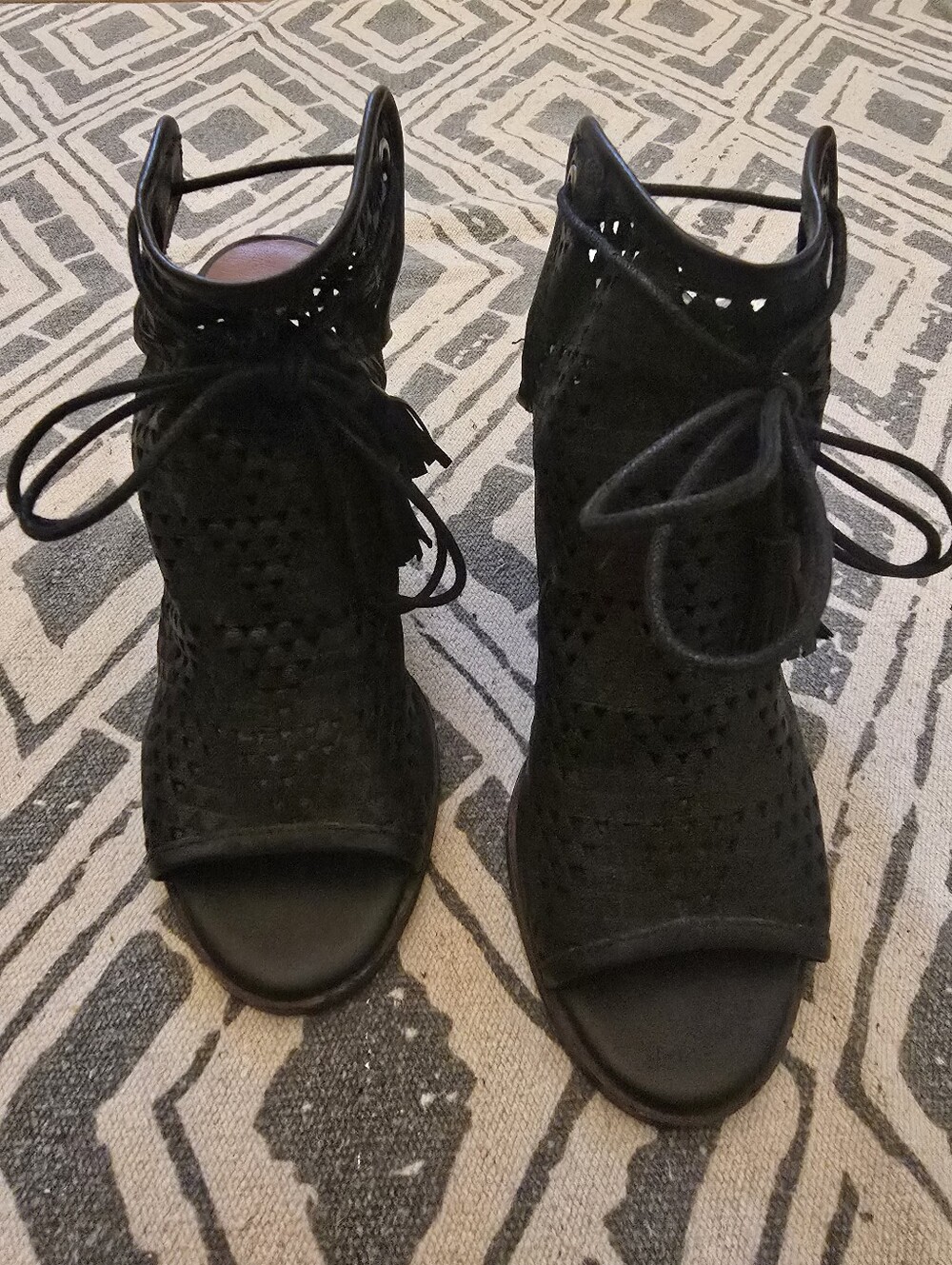 Women’s Lucky Black Perforated Leather  Peep Toe Booties w/Ankle Tie, Sz 8.5